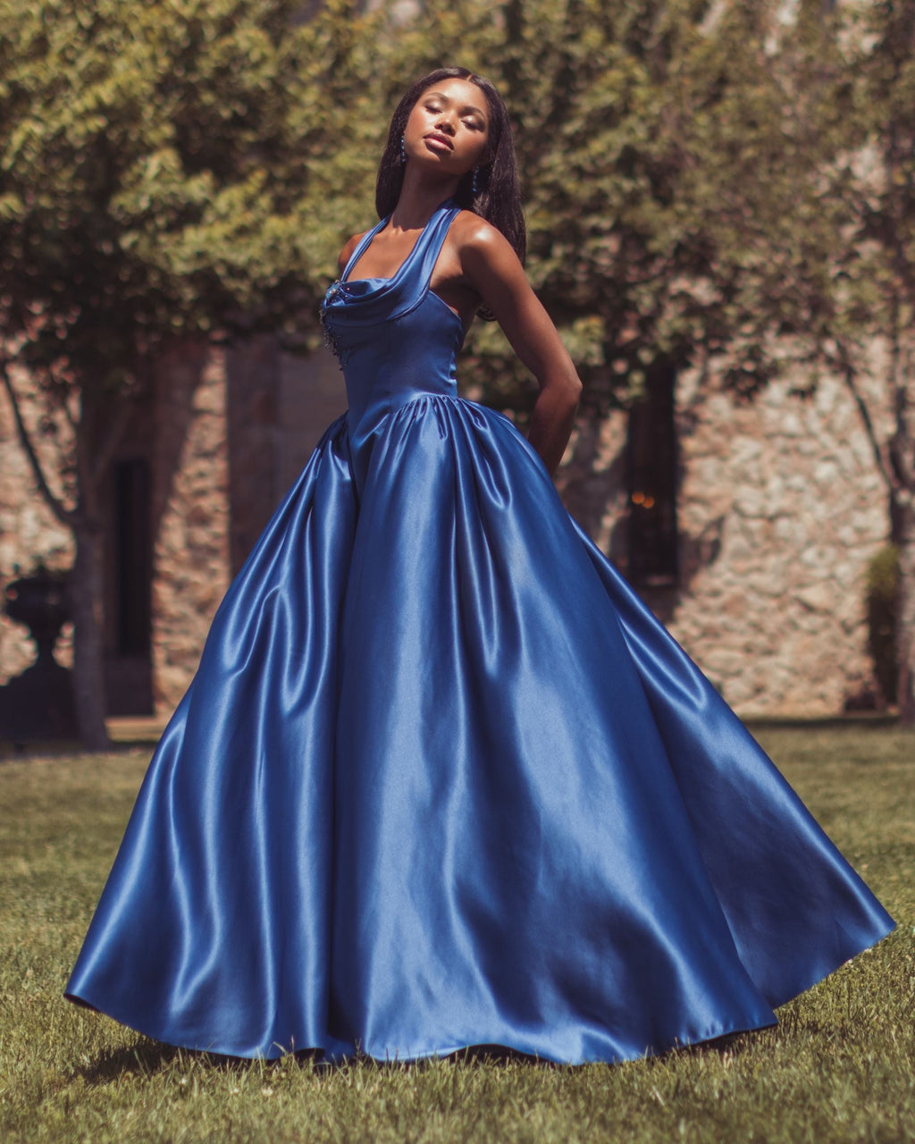 Blue Sleeveless Open Back Satin Ball Gown - Designer Collection