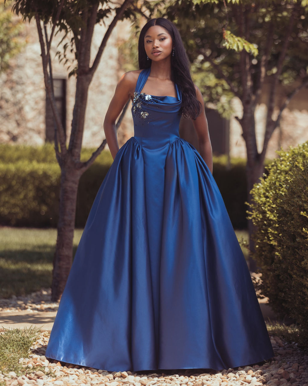Blue Sleeveless Open Back Satin Ball Gown - Designer Collection