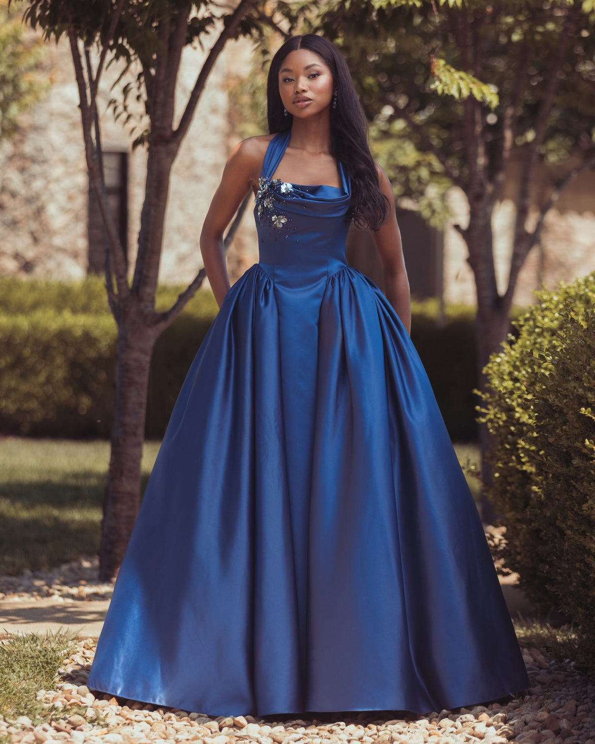 Blue Sleeveless Open Back Satin Ball Gown - Designer Collection