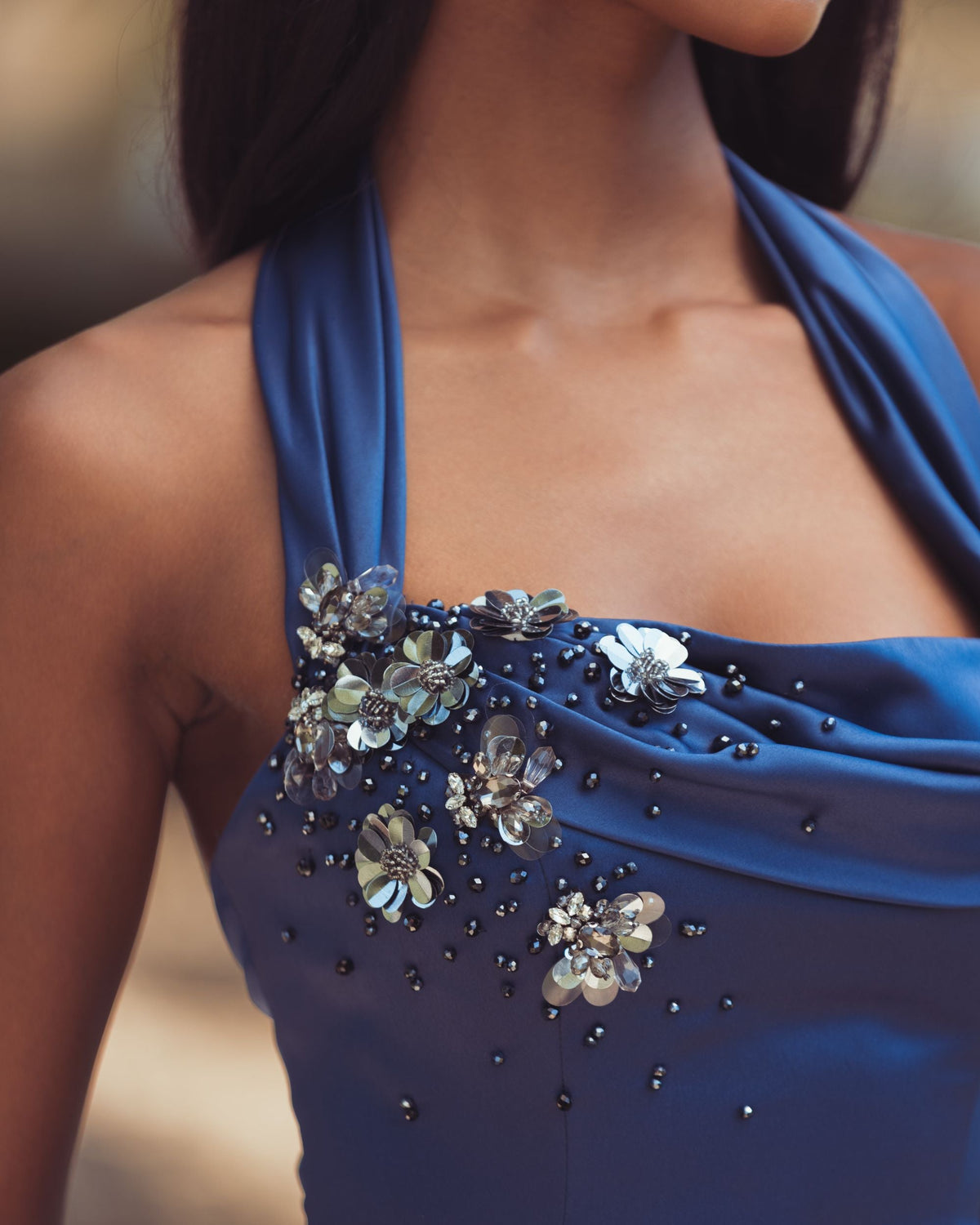 Blue Sleeveless Open Back Satin Ball Gown - Designer Collection