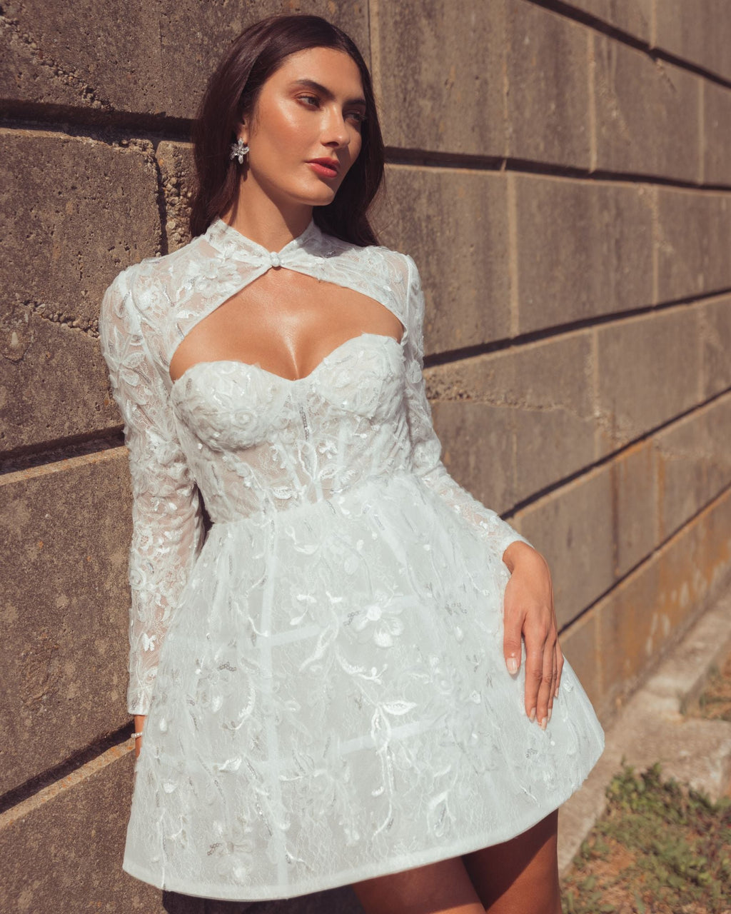 White Long Sleeve Lace A-Line Mini Dress - Designer Collection