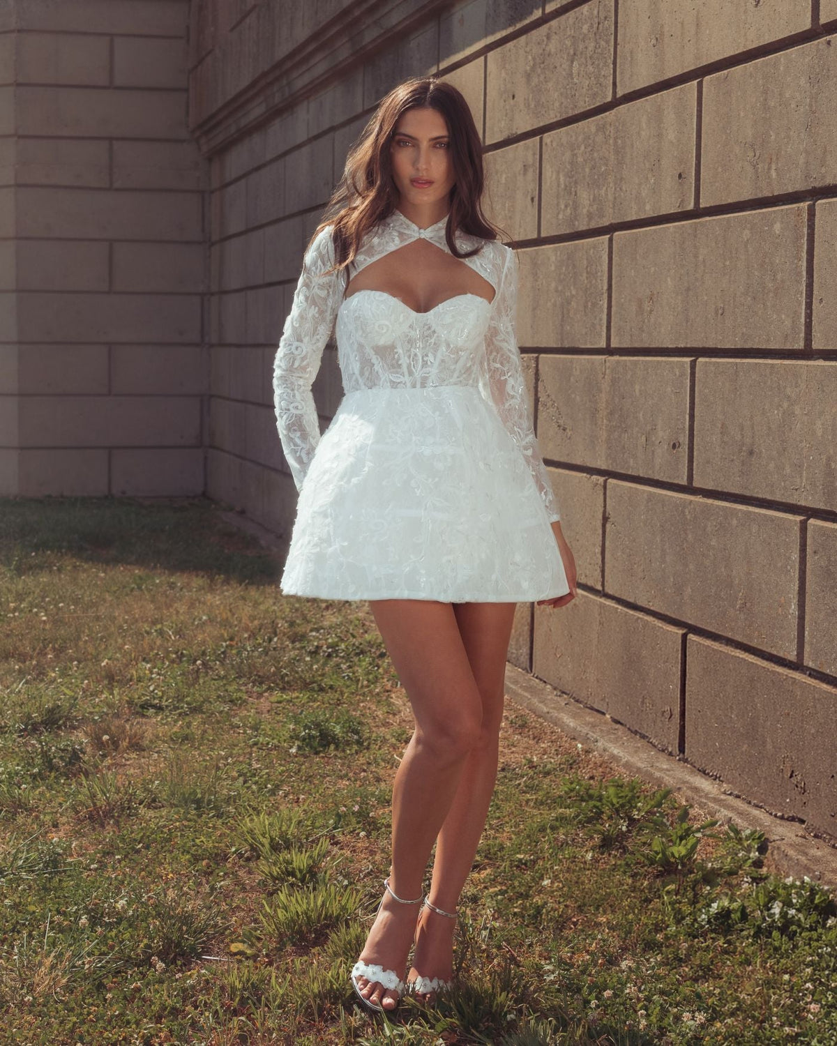 White Long Sleeve Lace A-Line Mini Dress - Designer Collection