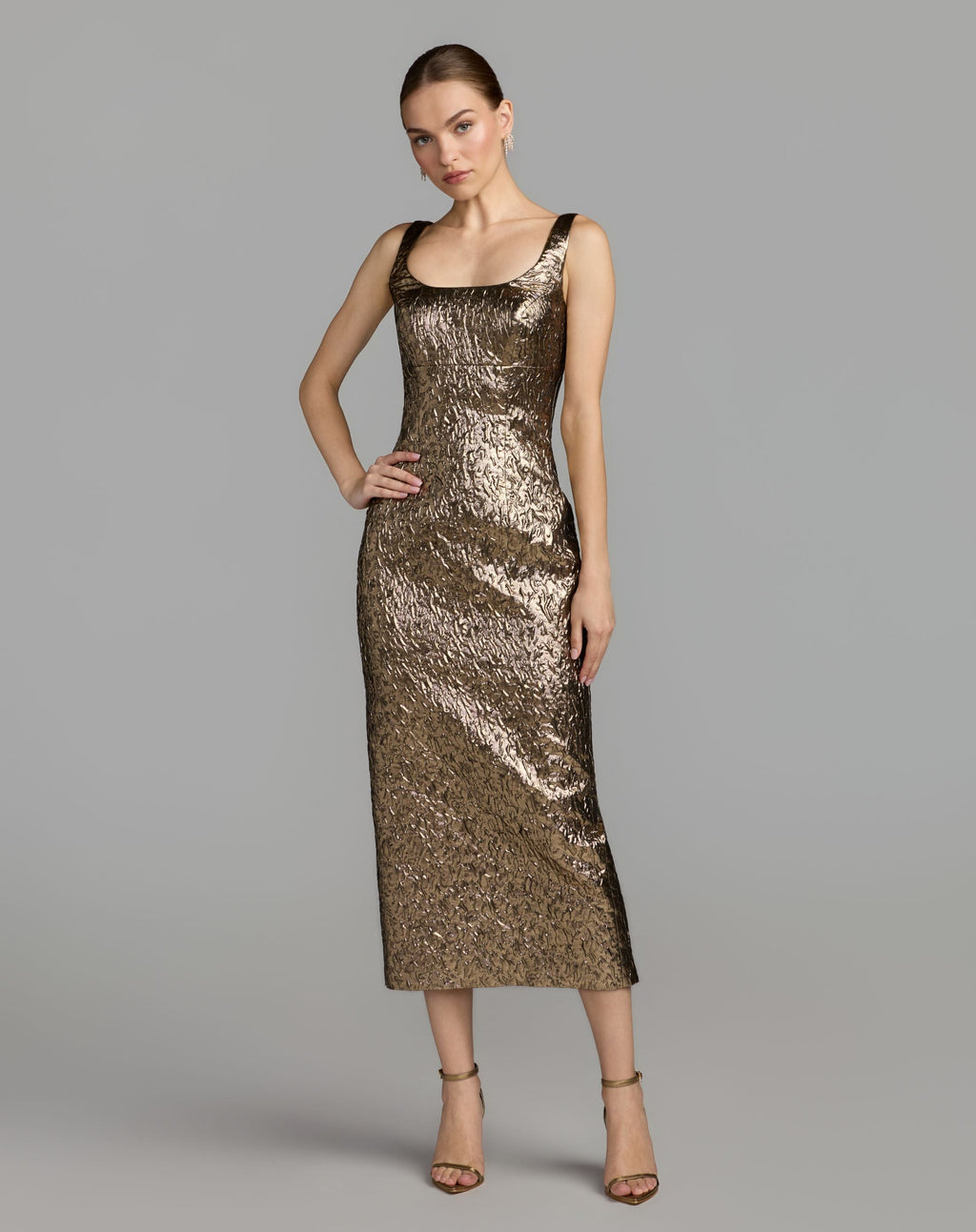 Gold Metallic Scoop Neck Brocade Midi Dress - Designer Collection