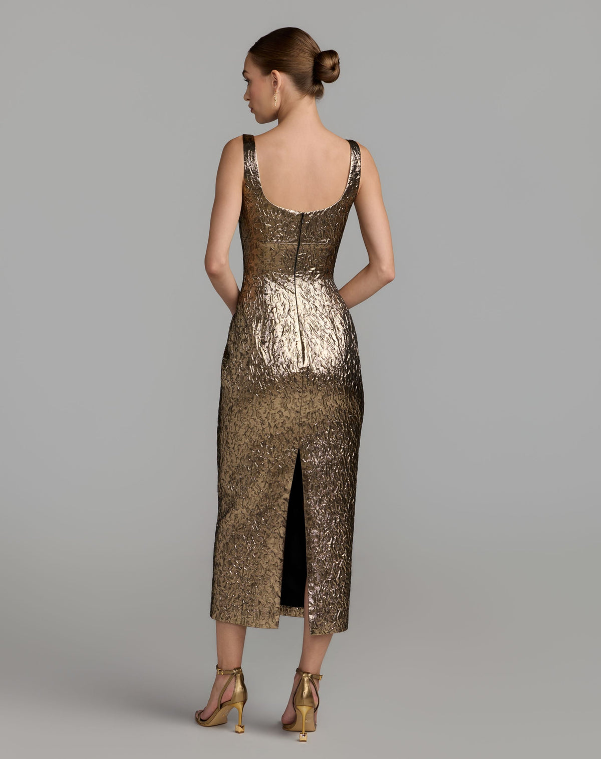 Gold Metallic Scoop Neck Brocade Midi Dress - Designer Collection