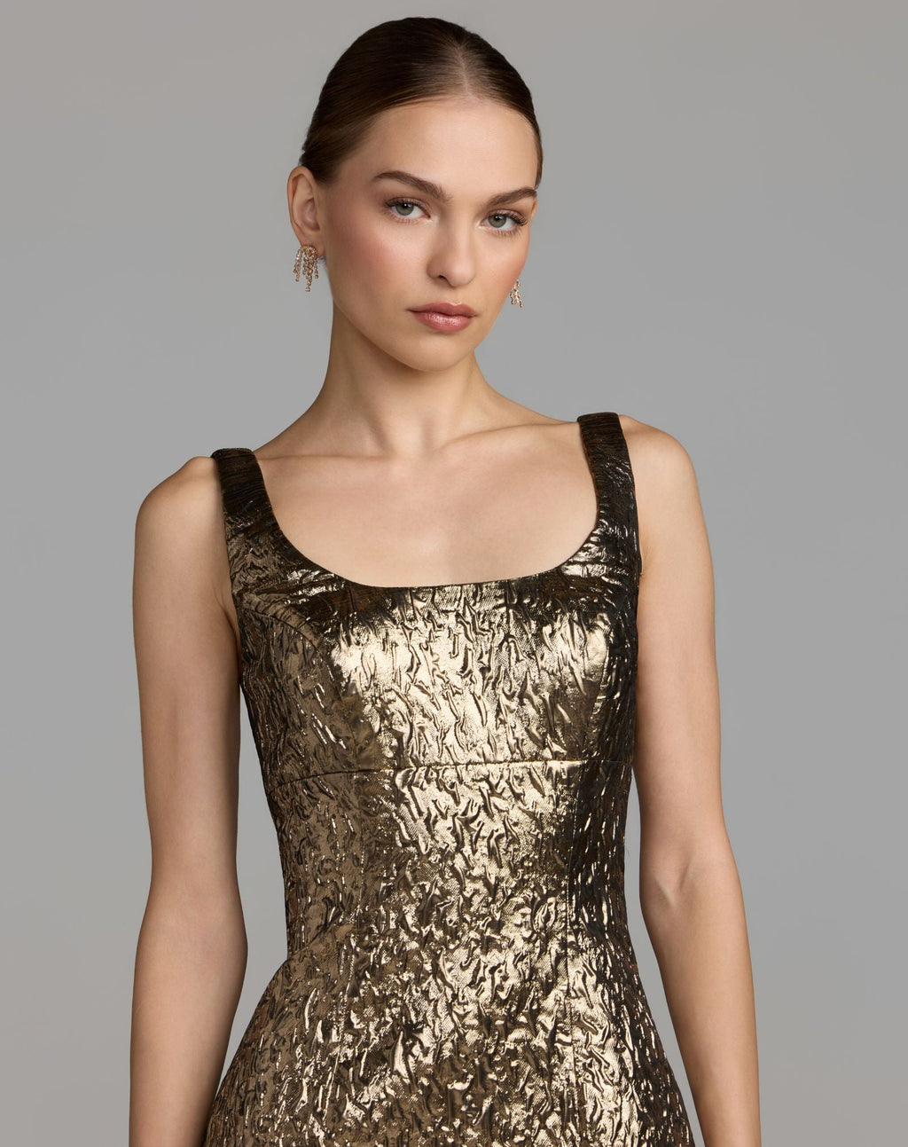 Gold Metallic Scoop Neck Brocade Midi Dress - Designer Collection