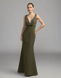 Deep Green Sleeveless Embellished Crepe Gown With Bow Contemporary Collection