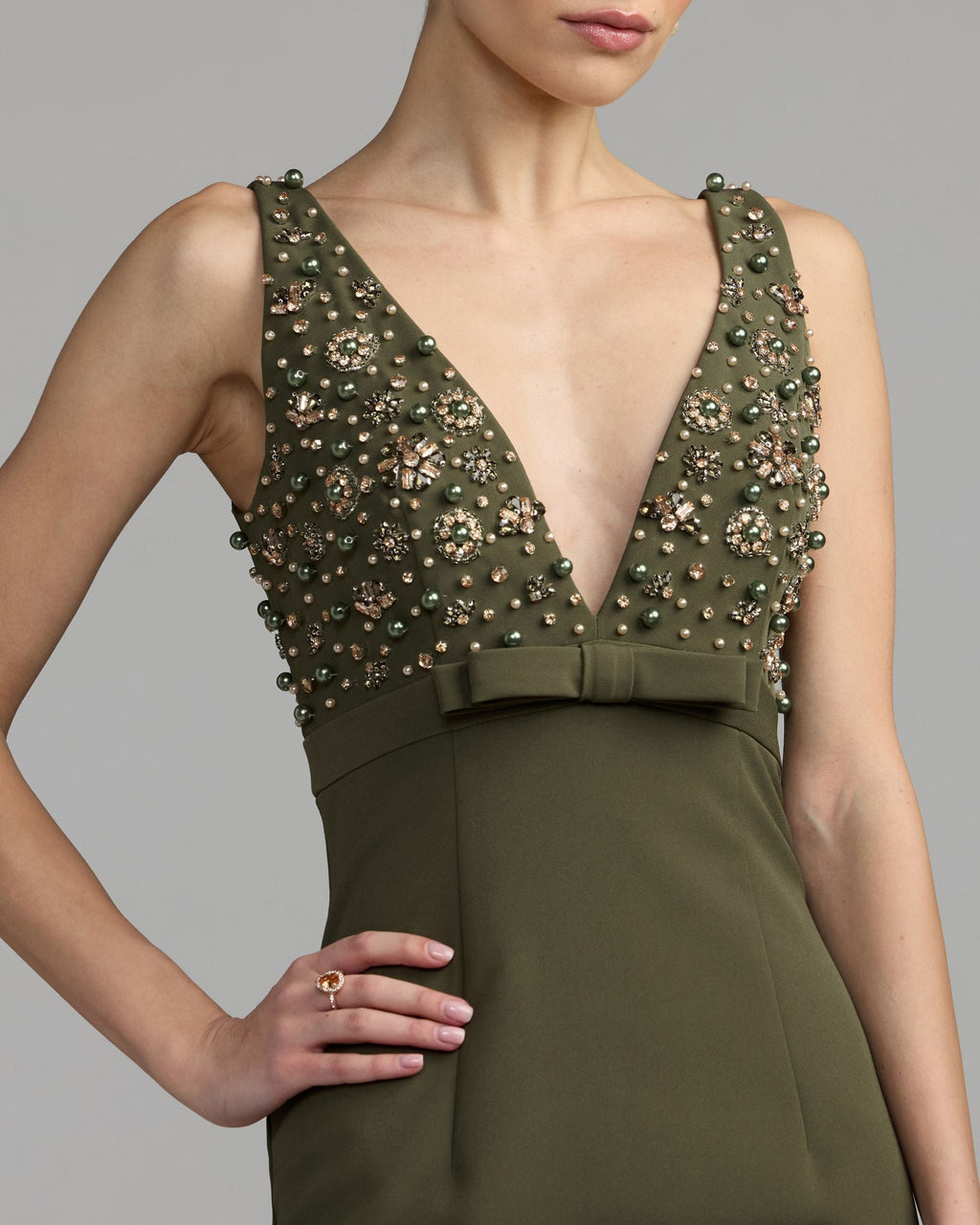 Deep Green Sleeveless Embellished Crepe Gown With Bow Contemporary Collection