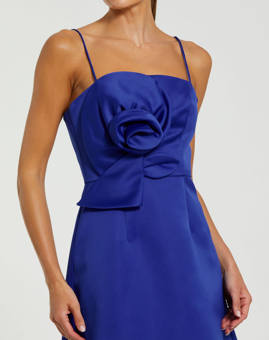 Blue Satin A-Line Mini Dress With 3D Rose Detail - Contemporary Collection