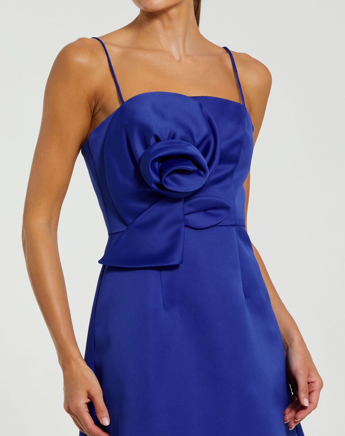 Blue Satin A-Line Mini Dress With 3D Rose Detail - Contemporary Collection
