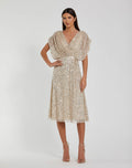Beige Sequin Draped Sleeve V-Neck Midi Dress - Designer Collection