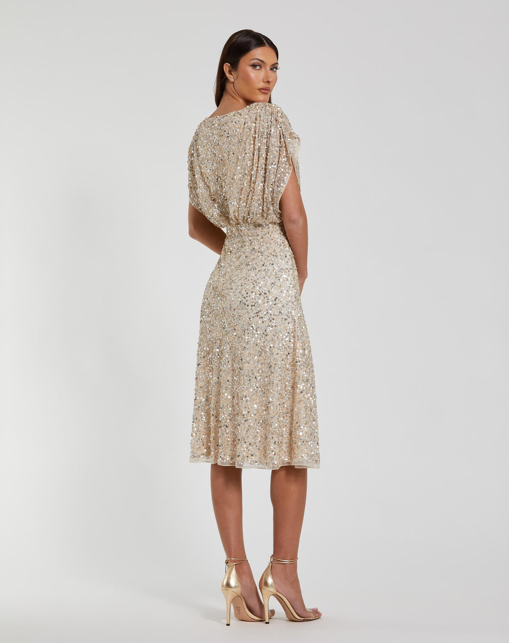 Beige Sequin Draped Sleeve V-Neck Midi Dress - Designer Collection