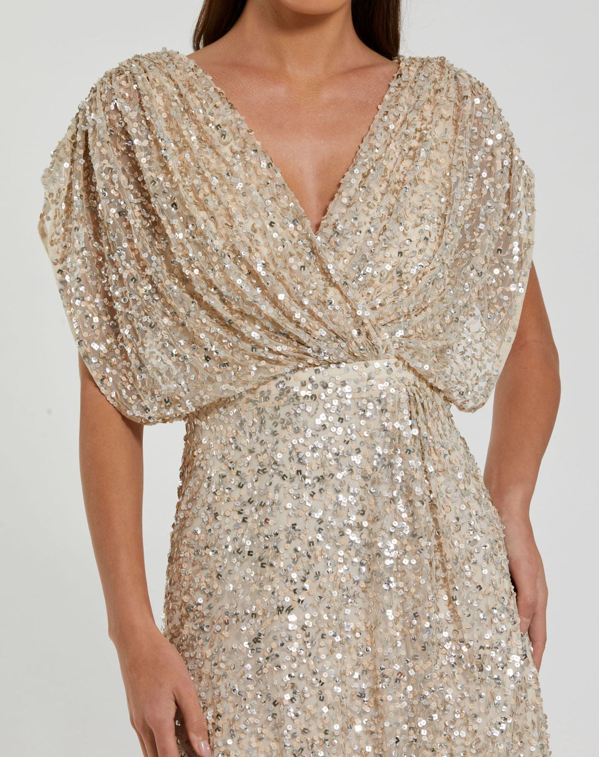 Beige Sequin Draped Sleeve V-Neck Midi Dress - Designer Collection