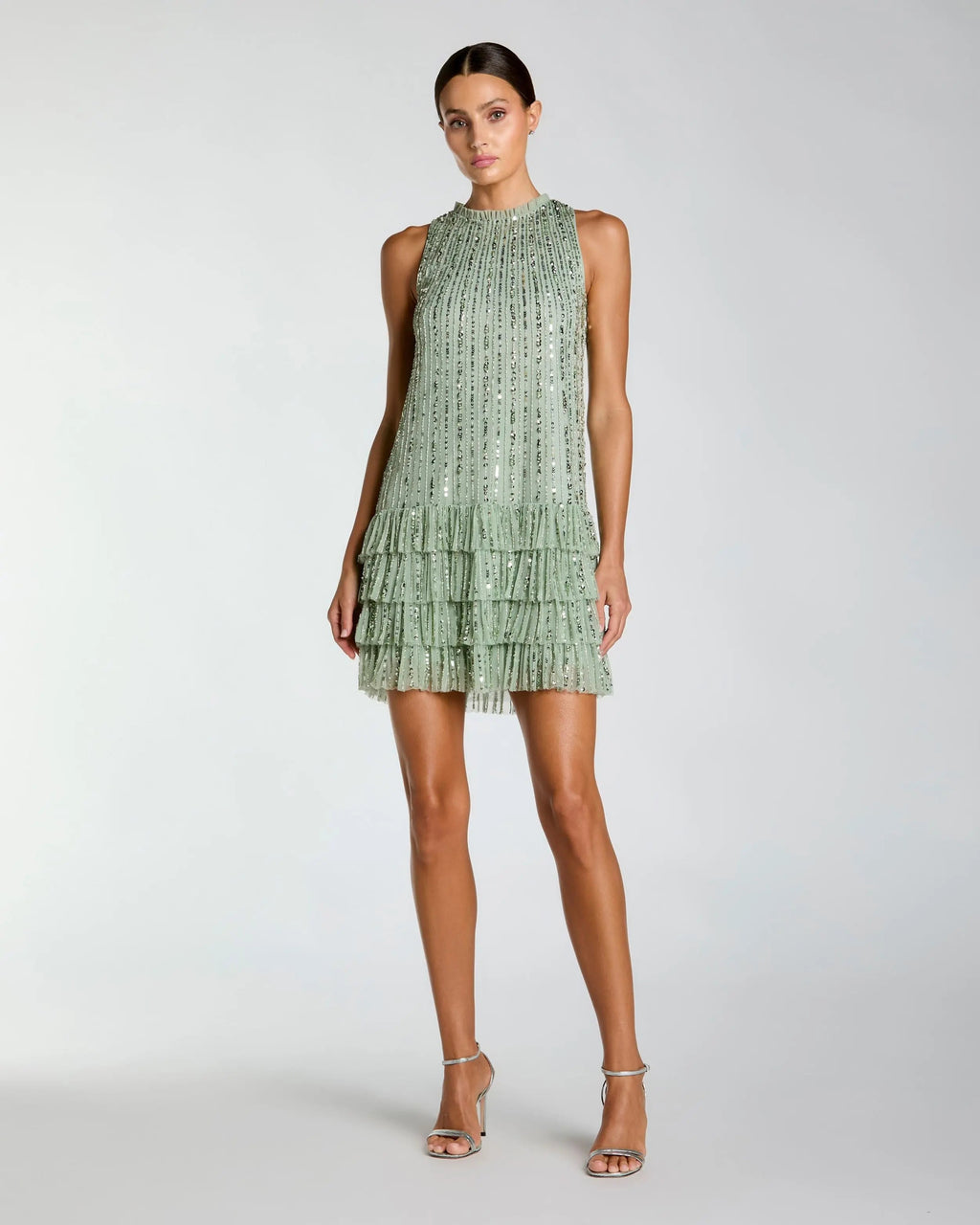 Green Striped Sequin Tiered Ruffle Mini Dress Designer Collection