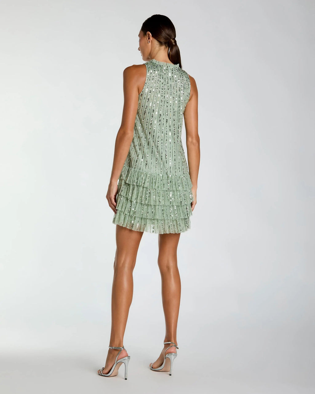 Green Striped Sequin Tiered Ruffle Mini Dress Designer Collection