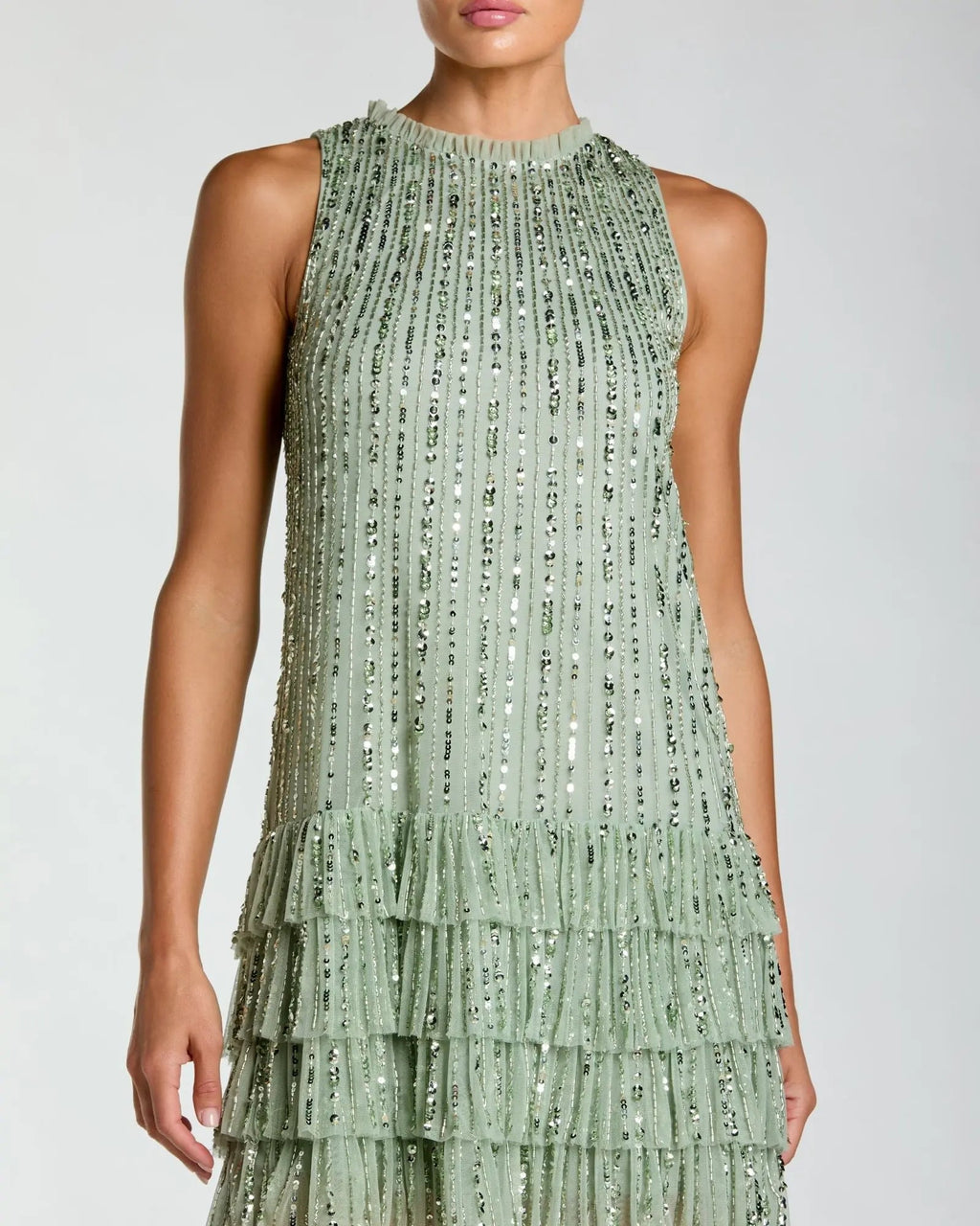 Green Striped Sequin Tiered Ruffle Mini Dress Designer Collection