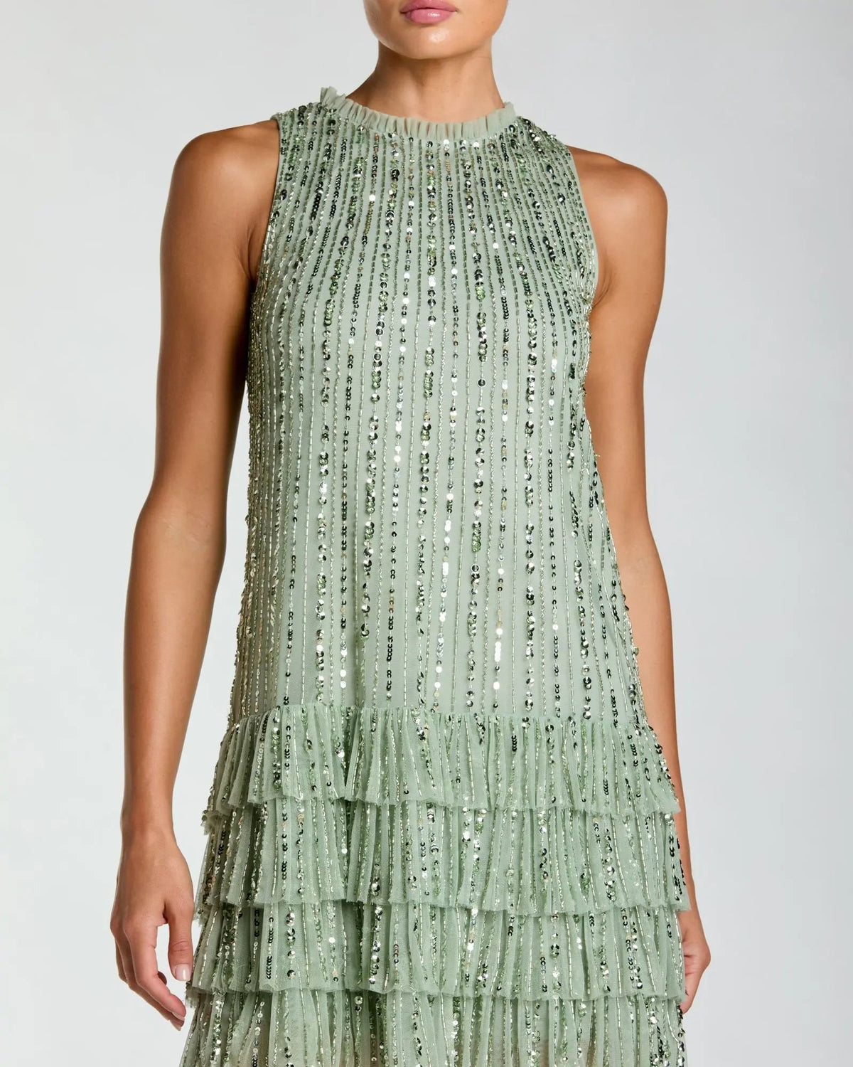 Green Striped Sequin Tiered Ruffle Mini Dress Designer Collection