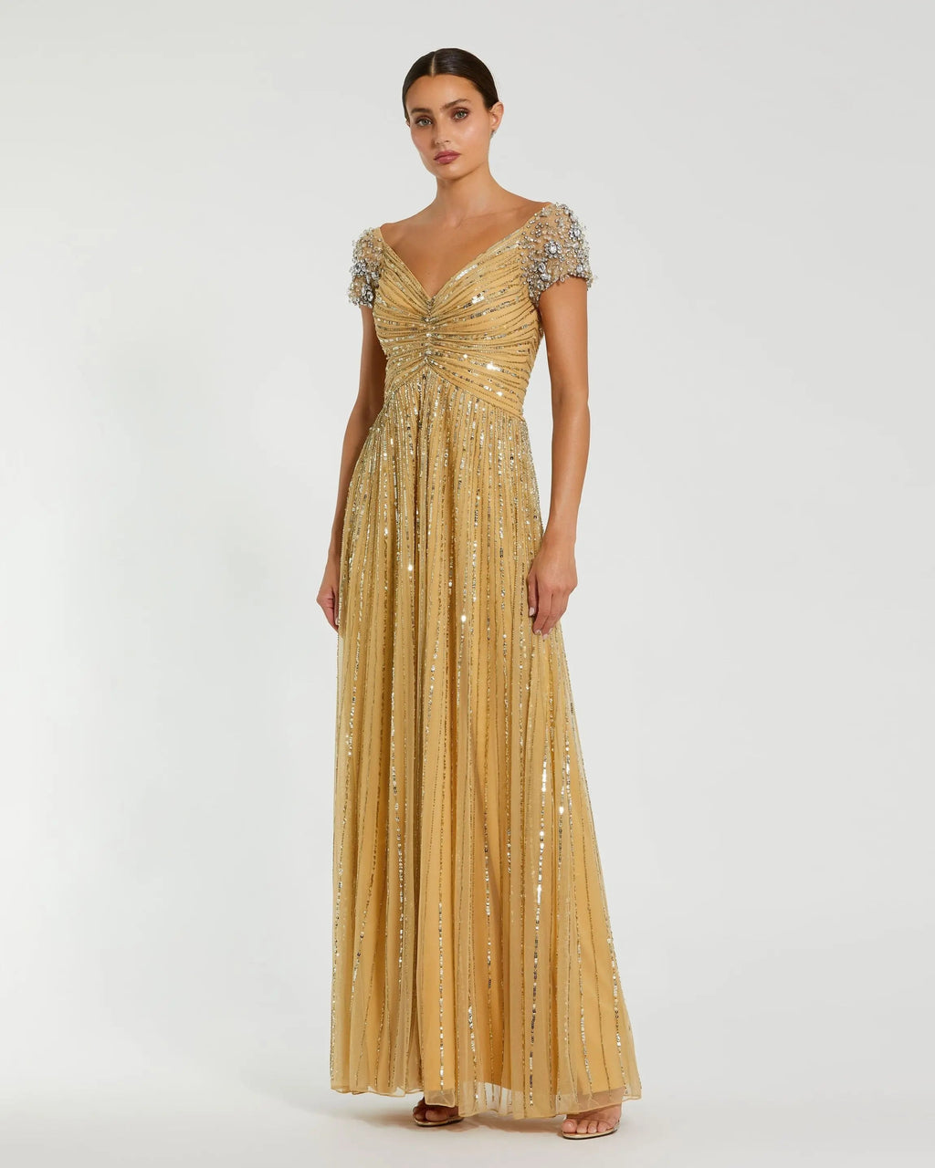 Gold Embellished Gown With Beaded Shoulders - Designer Collection