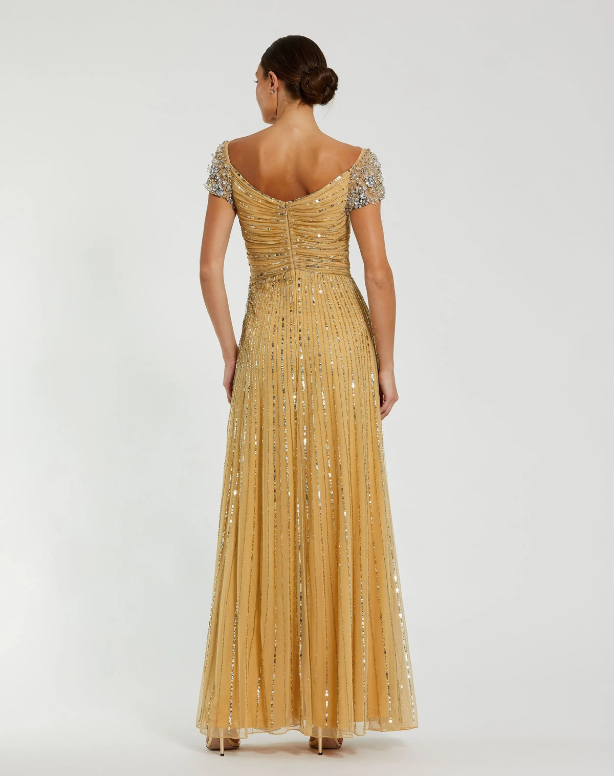 Gold Embellished Gown With Beaded Shoulders - Designer Collection