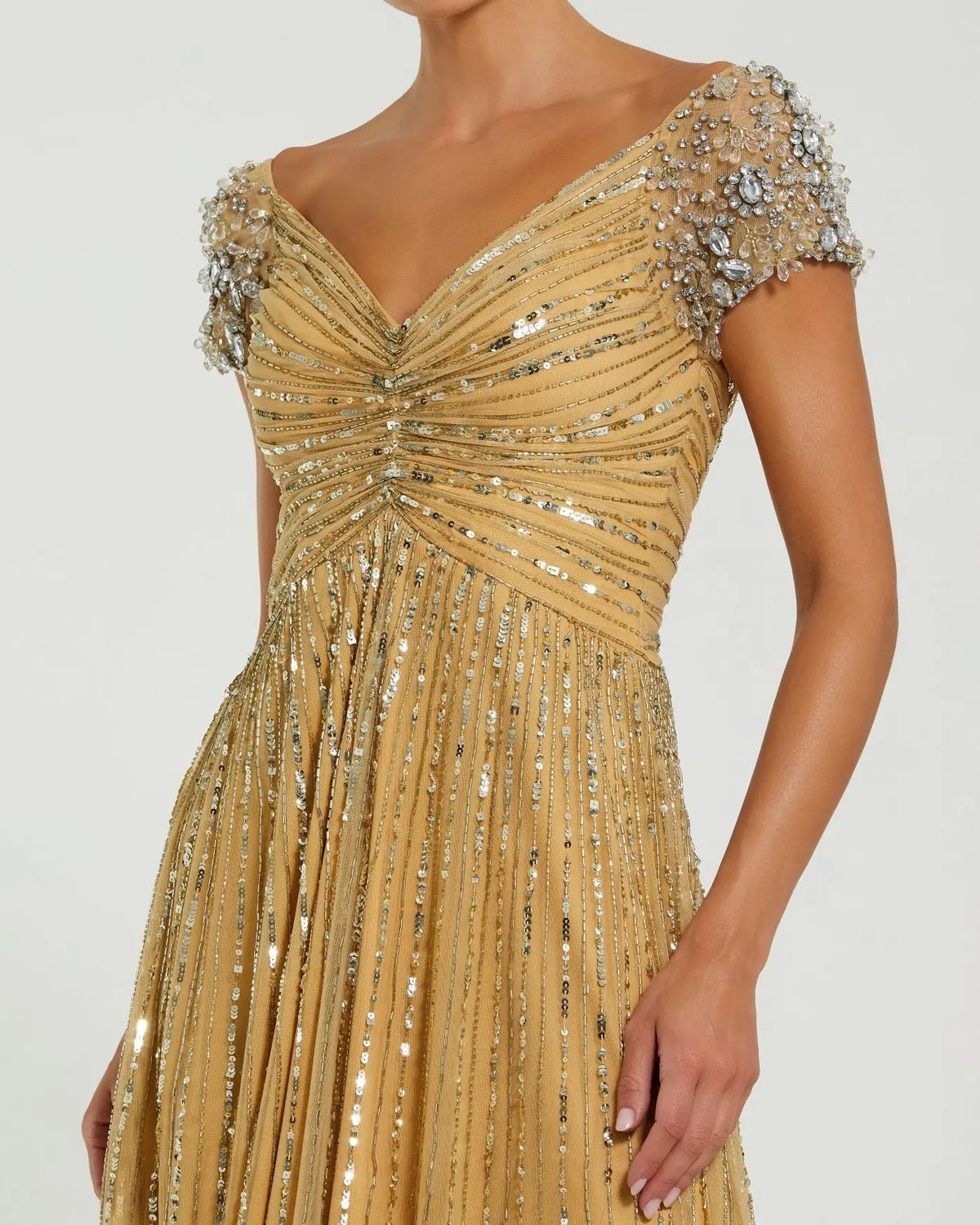 Gold Embellished Gown With Beaded Shoulders - Designer Collection