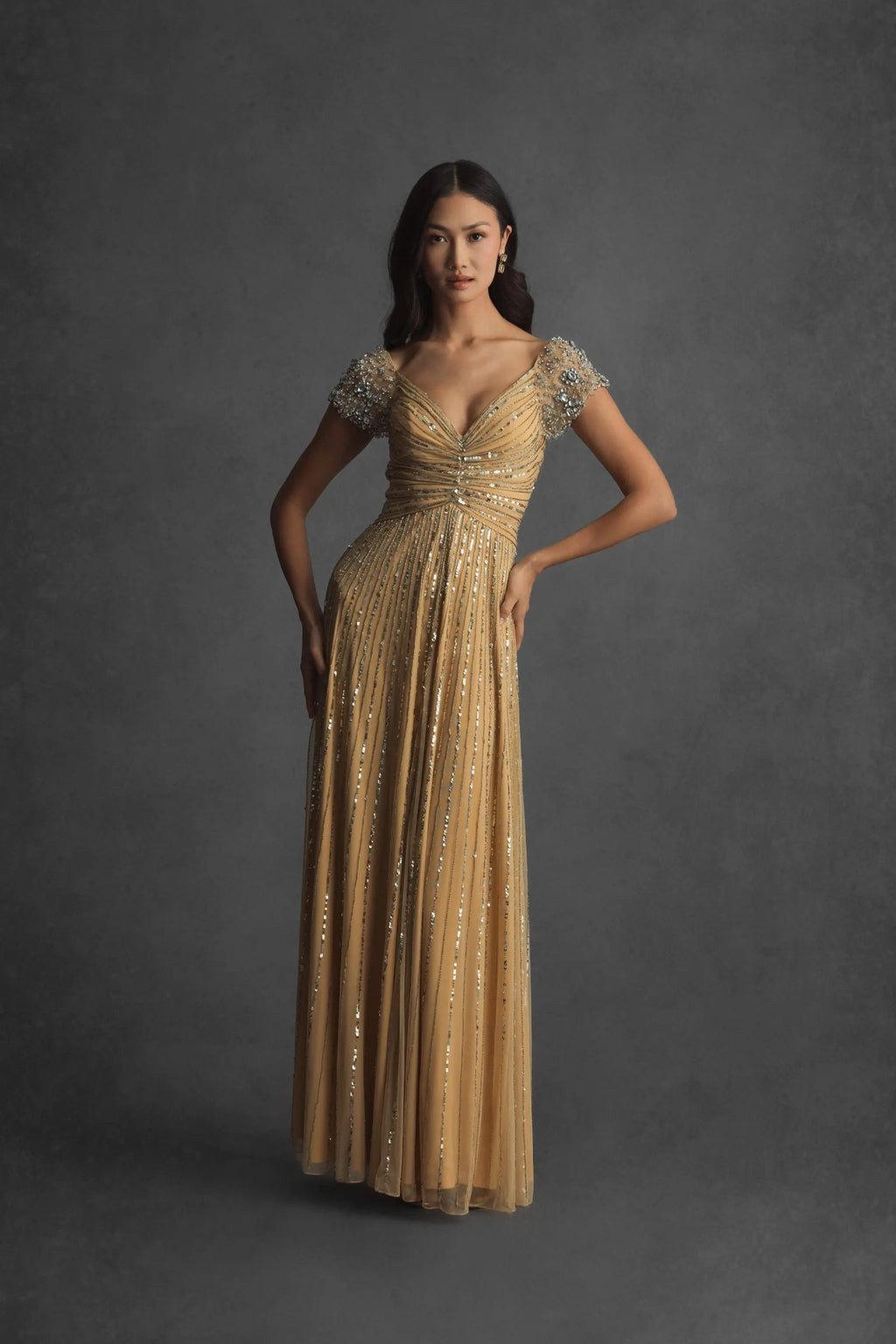 Gold Embellished Gown With Beaded Shoulders - Designer Collection