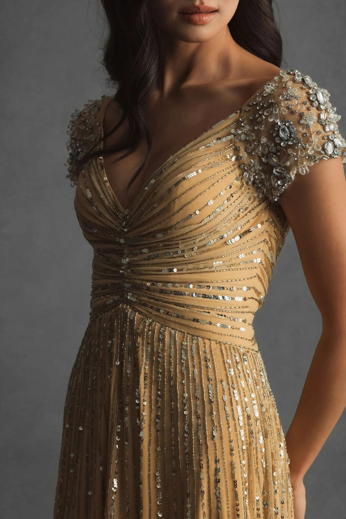 Gold Embellished Gown With Beaded Shoulders - Designer Collection