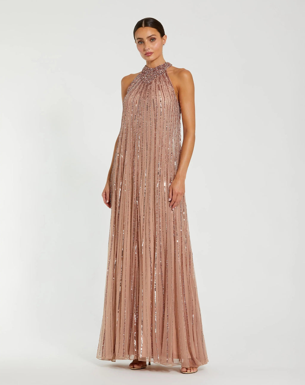 Pink Sleeveless Halter Neck Embellished Trapeze Gown Designer Collection