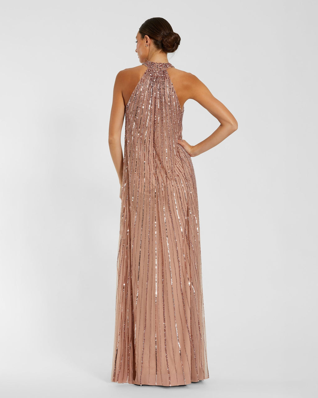 Pink Sleeveless Halter Neck Embellished Trapeze Gown Designer Collection