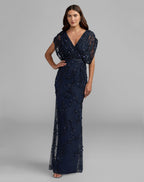 Navy Beaded V-Neck Short Sleeve Blouson Gown - Designer Collection