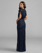 Navy Beaded V-Neck Short Sleeve Blouson Gown