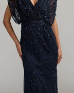 Navy Beaded V-Neck Short Sleeve Blouson Gown