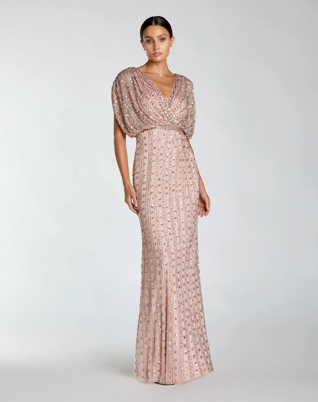 Pink Embellished Blouson V Neck Column Gown - Designer Collection