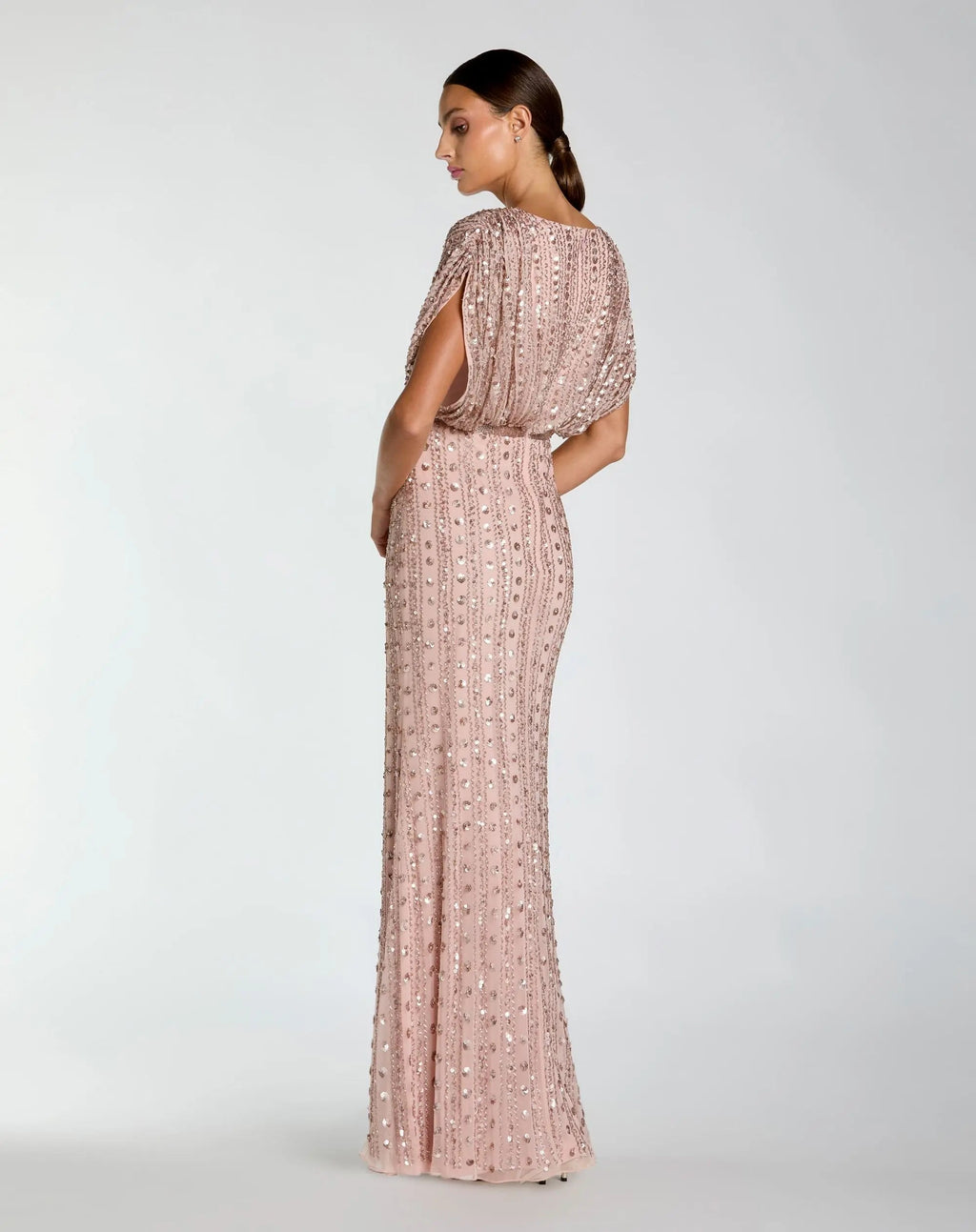 Pink Embellished Blouson V Neck Column Gown - Designer Collection