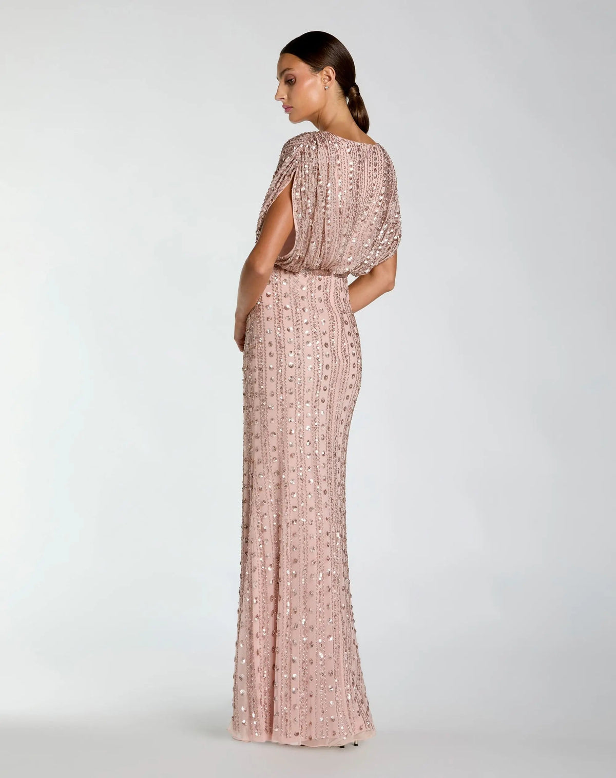 Pink Embellished Blouson V Neck Column Gown - Designer Collection