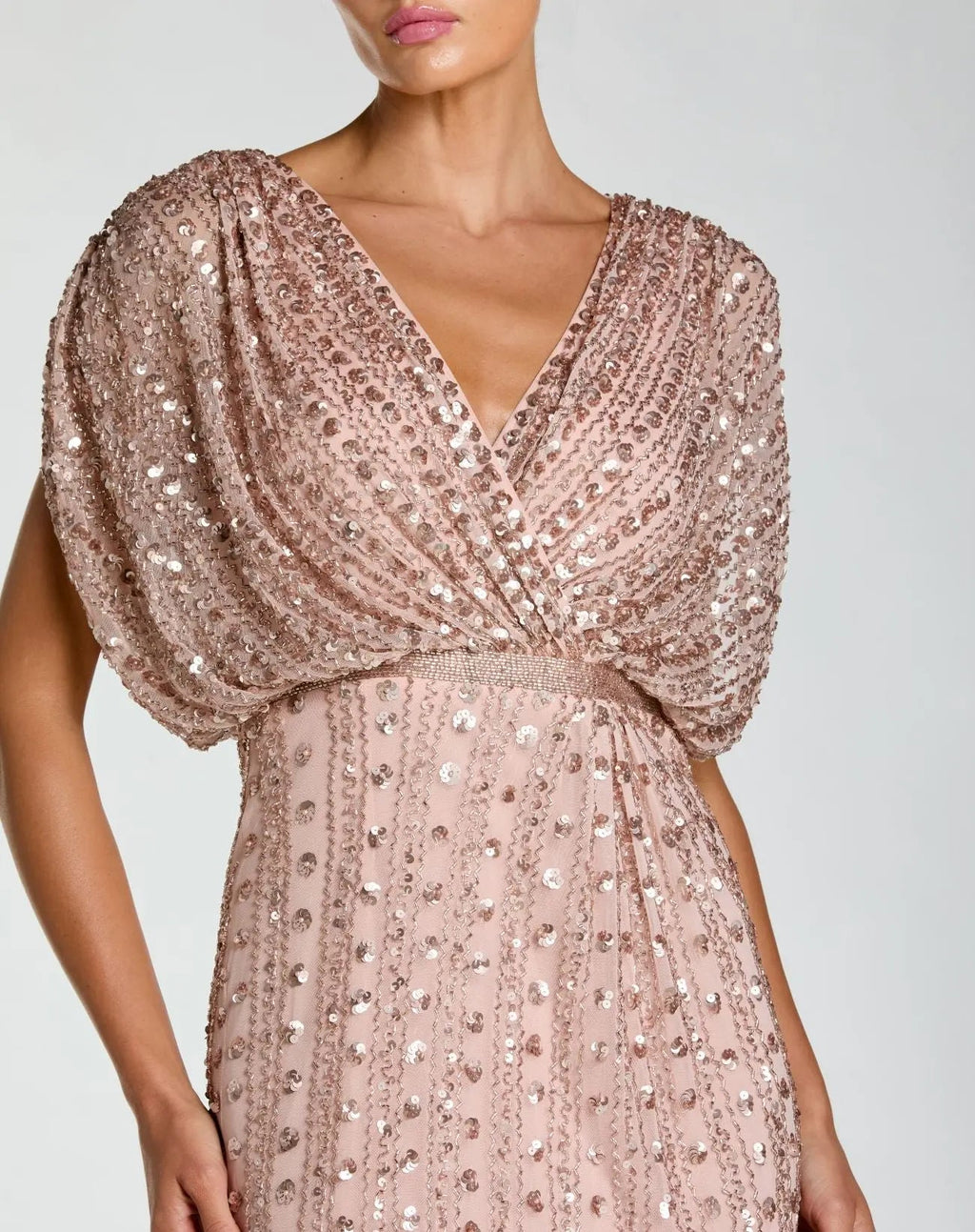 Pink Embellished Blouson V Neck Column Gown - Designer Collection
