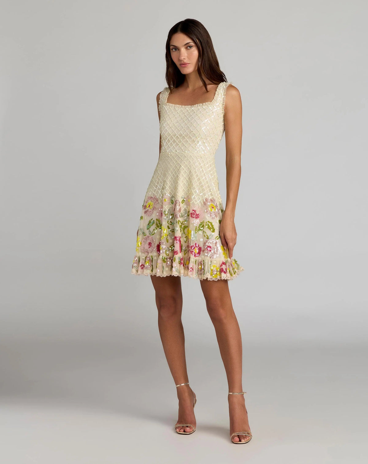 Ivory Floral Sequin Square Neck Mini Dress Designer Collection
