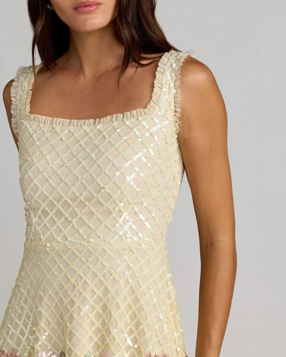 Ivory Floral Sequin Square Neck Mini Dress Designer Collection