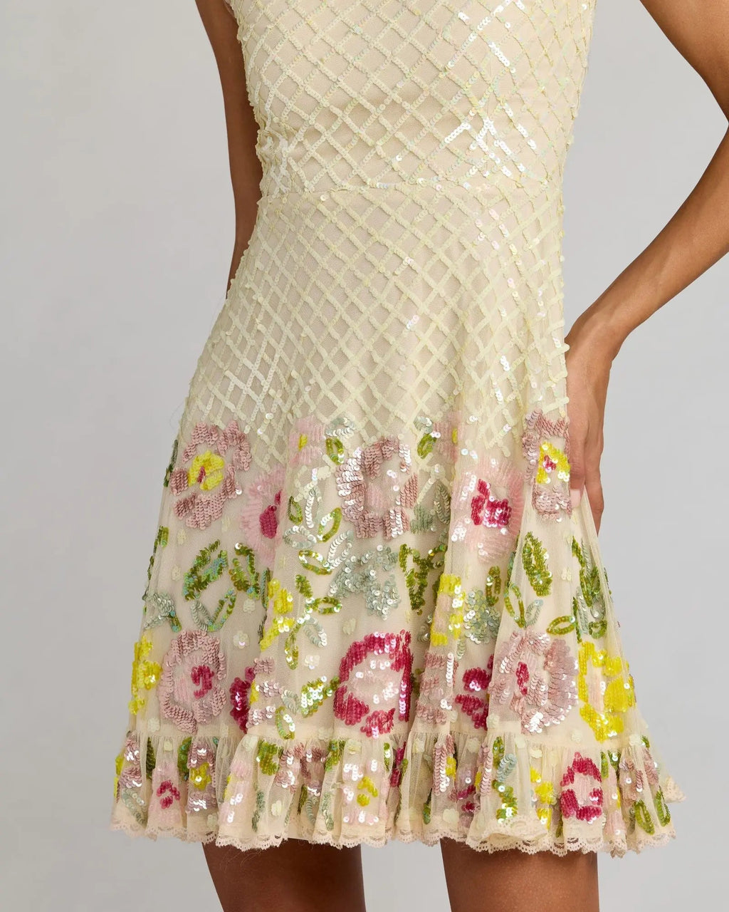 Ivory Floral Sequin Square Neck Mini Dress Designer Collection
