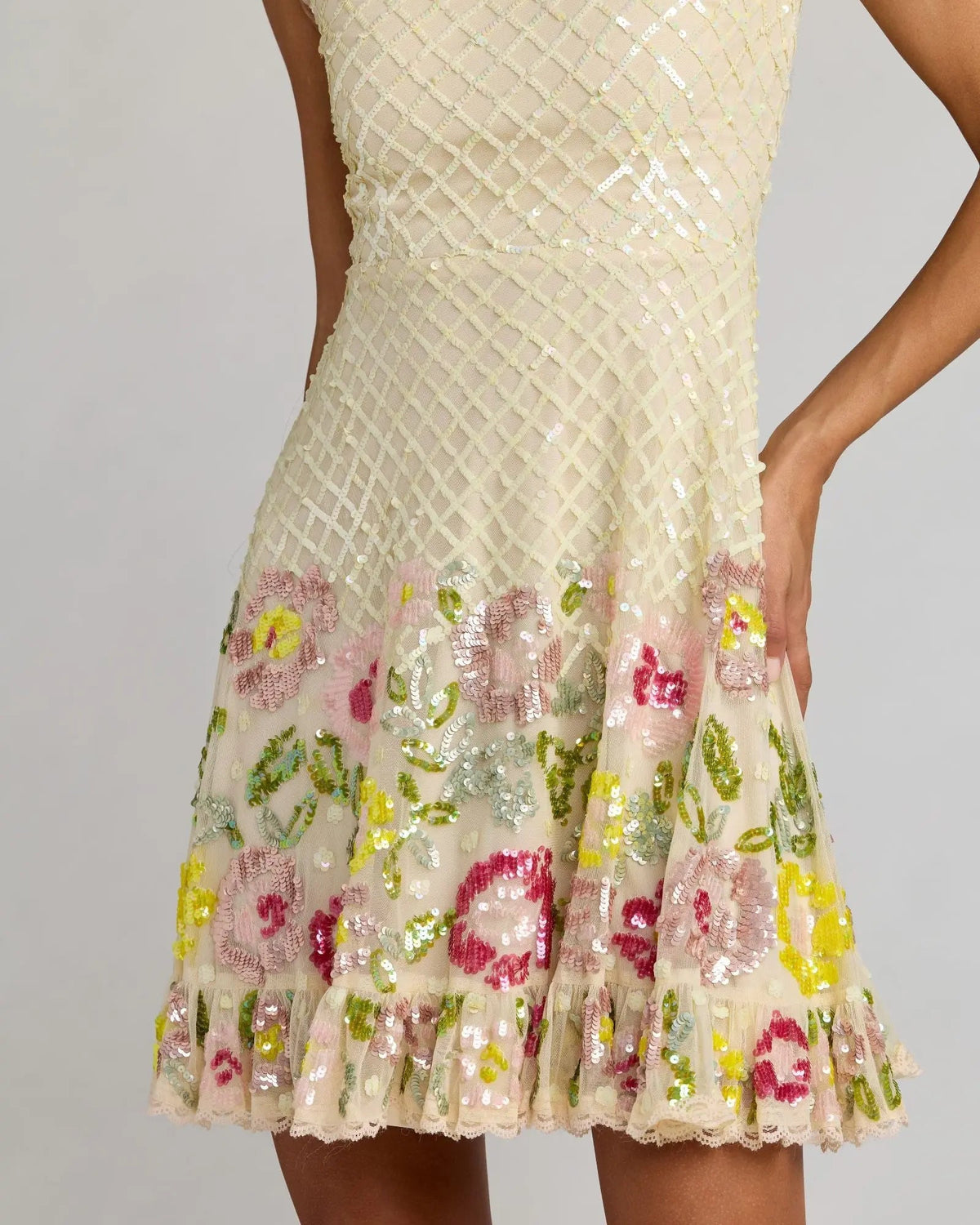 Ivory Floral Sequin Square Neck Mini Dress Designer Collection
