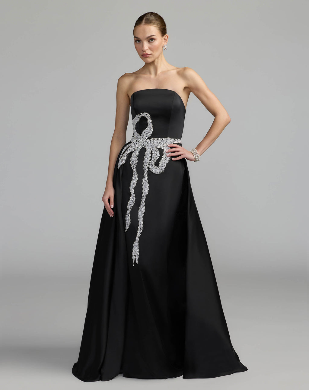Black Strapless Embellished Satin Gown with Overskirt Designer Collection