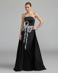 Black Strapless Embellished Satin Gown with Overskirt Designer Collection