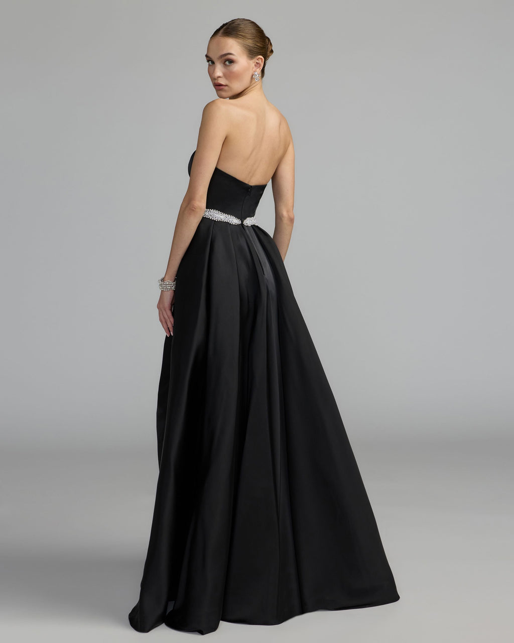Black Strapless Embellished Satin Gown with Overskirt Designer Collection