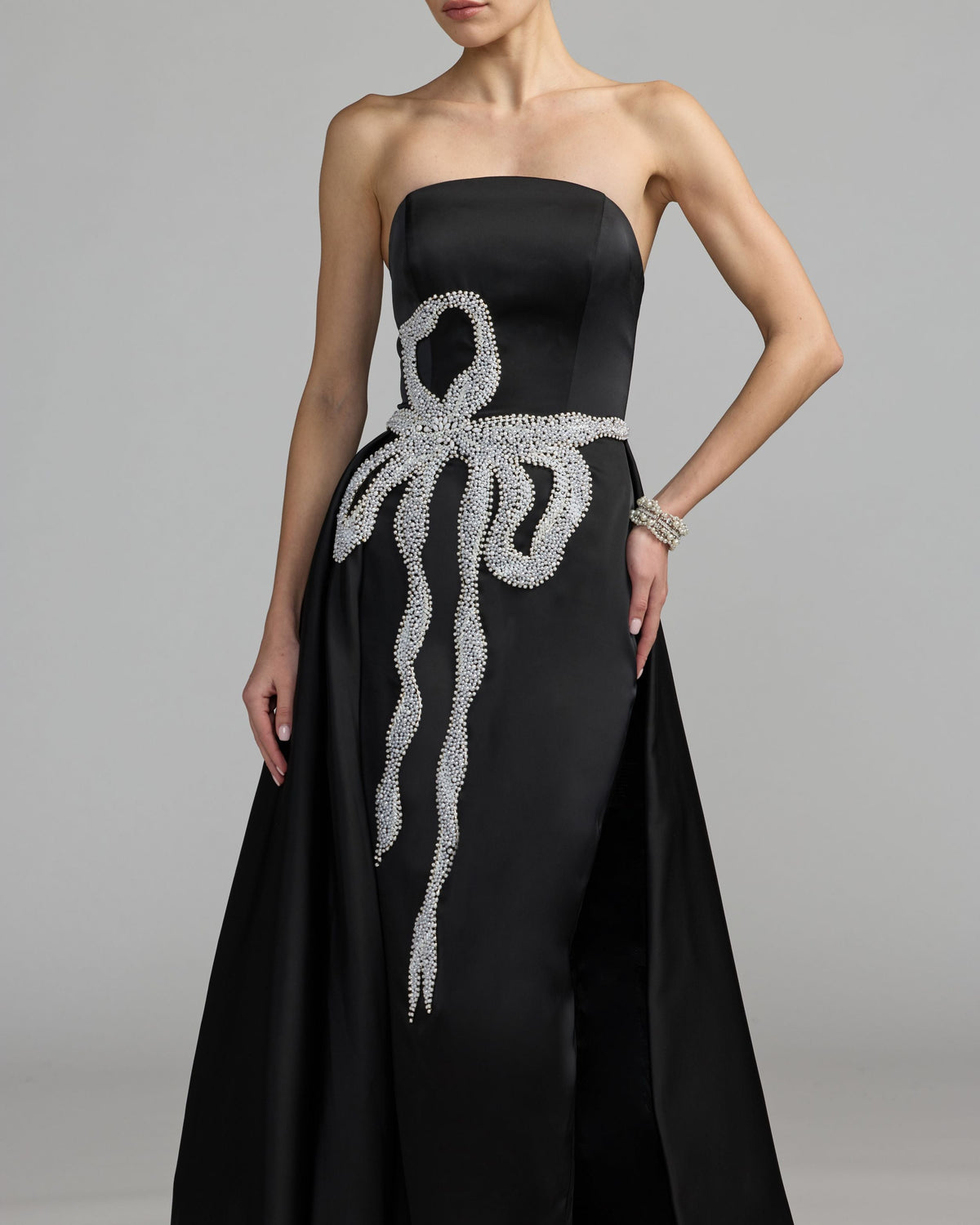 Black Strapless Embellished Satin Gown with Overskirt Designer Collection