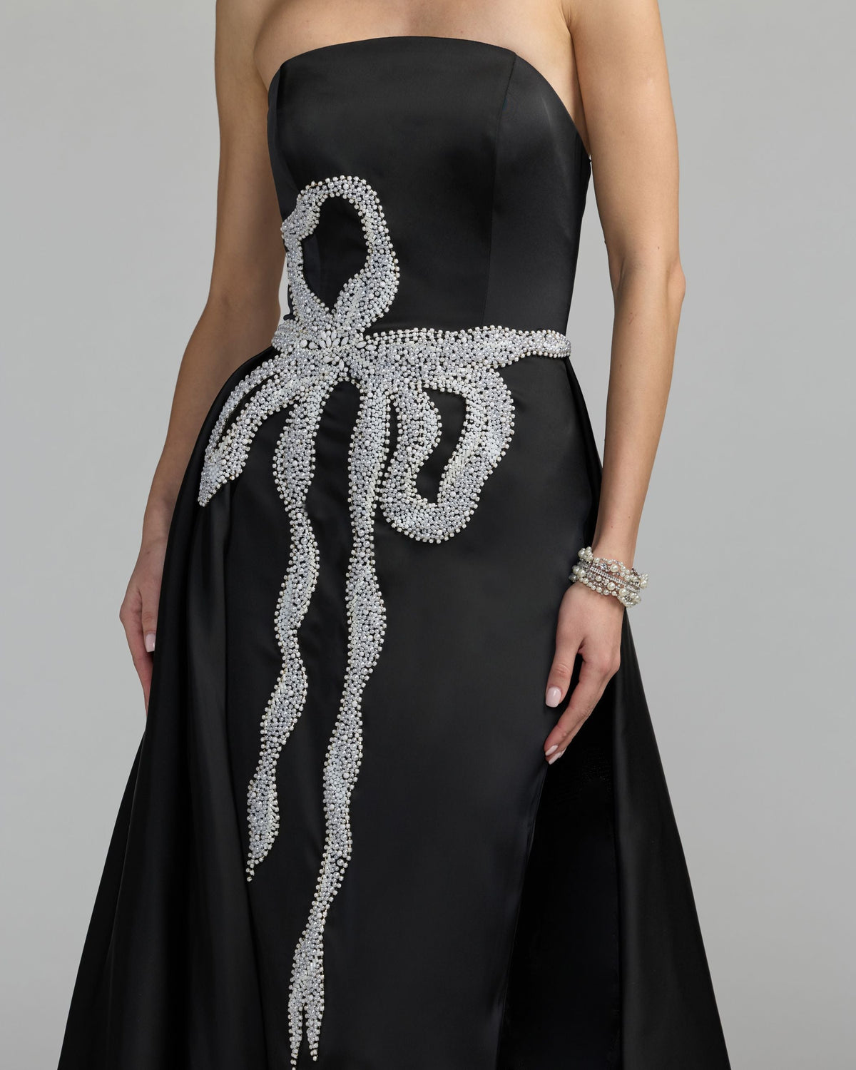 Black Strapless Embellished Satin Gown with Overskirt Designer Collection
