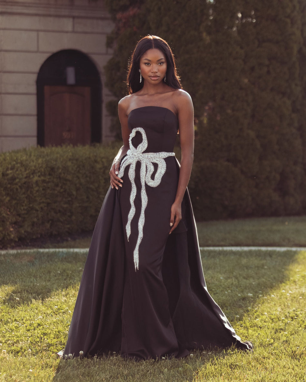 Black Strapless Embellished Satin Gown with Overskirt Designer Collection