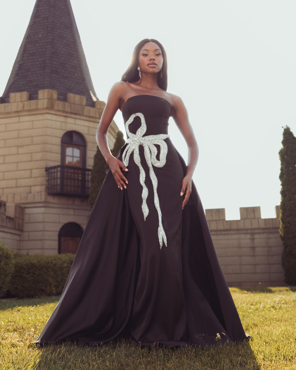 Black Strapless Embellished Satin Gown with Overskirt Designer Collection