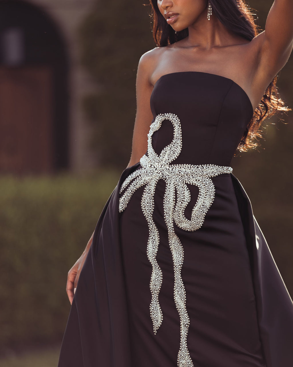 Black Strapless Embellished Satin Gown with Overskirt Designer Collection