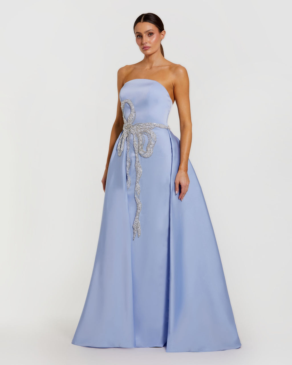 Blue Strapless Embellished Satin Gown with Overskirt - Designer Collection