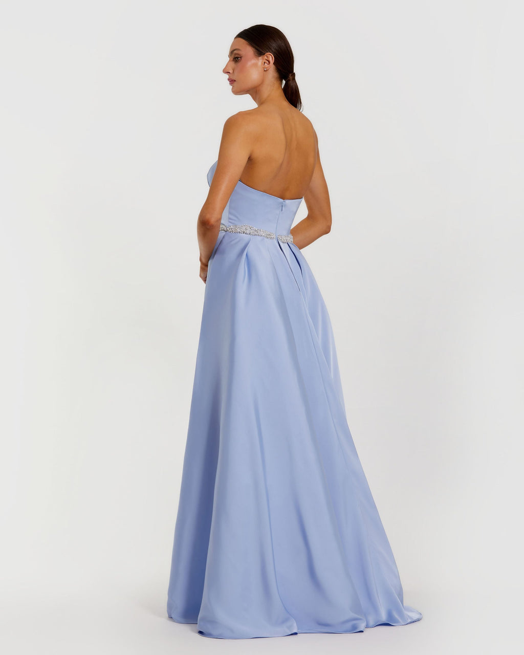 Blue Strapless Embellished Satin Gown with Overskirt - Designer Collection