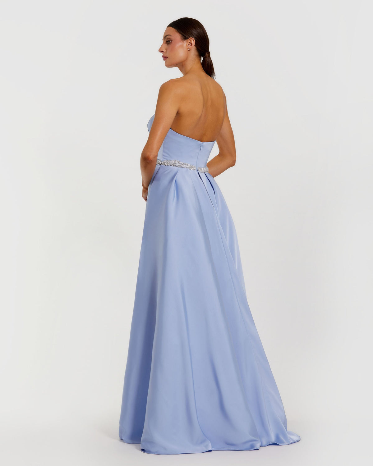 Blue Strapless Embellished Satin Gown with Overskirt - Designer Collection
