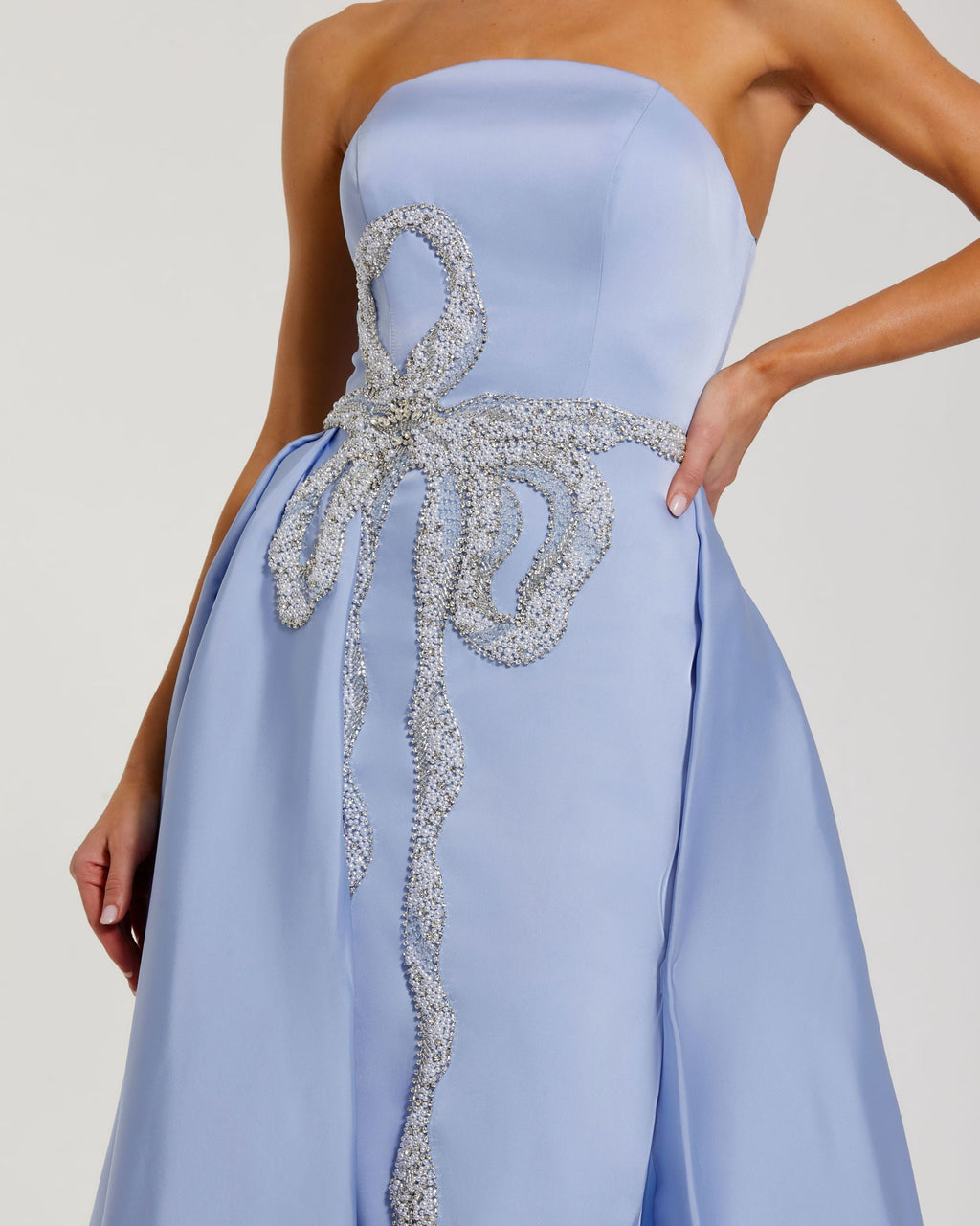 Blue Strapless Embellished Satin Gown with Overskirt - Designer Collection